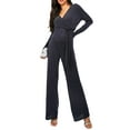 thumbnail image 1 of ZAXARRA Women’s Sparkly Wrap Jumpsuits Long Sleeve V Neck Solid Color Rompers Long Pants with Belt, 1 of 5