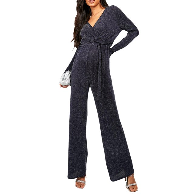 ZAXARRA Women’s Sparkly Wrap Jumpsuits Long Sleeve V Neck Solid Color Rompers Long Pants with Belt