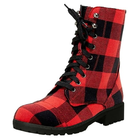 

Cloth Chunky heel Boots for Women Ladies Fashion Color Blocking Plaid Cloth Round Head Lace Up Thick Heel Short Boots Red