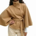 thumbnail image 2 of Ponchos con Mangas de Murciélago para Mujer, Abrigo de Lana con Cuello Alto y Cinturón, Chaqueta Corta de Invierno Caqui S, 2 of 6