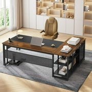 71 L Shaped Executive Desk with Power Outlets, Modern Office Desk with File Drawers and Pegboard, Large Computer Desk, Walnut