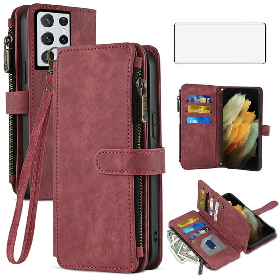 Asuwish Compatible with Samsung Galaxy S21 Ultra 5G Wallet Phone Case and Tempered Glass Screen Protector Faux Leather Flip Credit Card Holder Zipper Cell Cover for S21ultra 21S S 21 21ultra G5 Red