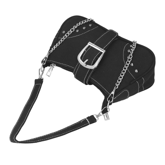 M Buder Bolso de Lona Moda Mujer Pequeño Bolso de Hombro Femenino Cadena Decoración Underarm Bag Negro Elegante Casual para Uso Diario 27 cm / 10.6 inches