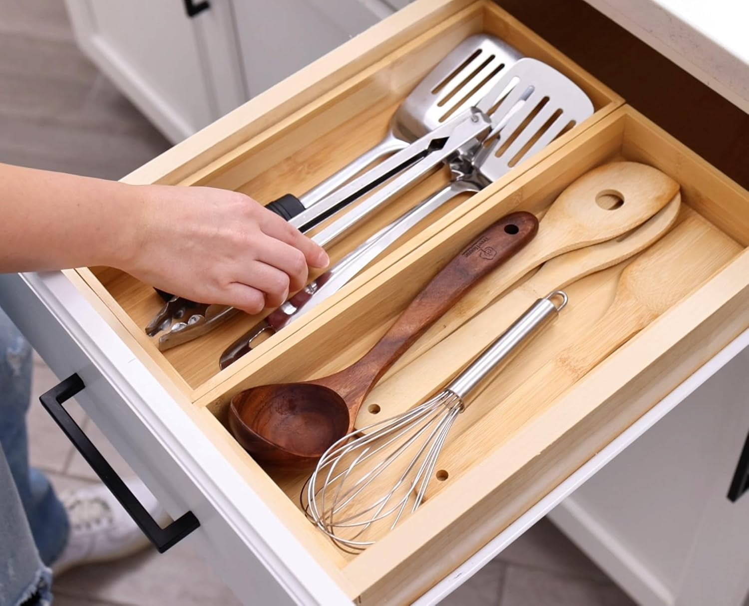 Kitchen Utensil Drawer Organizer, Bamboo Silverware Cutlery Flatware Organizer Bins, Wooden Container Storage Trays for Bathroom Vanity Junk Drawer, 15" x 6" Set of 2