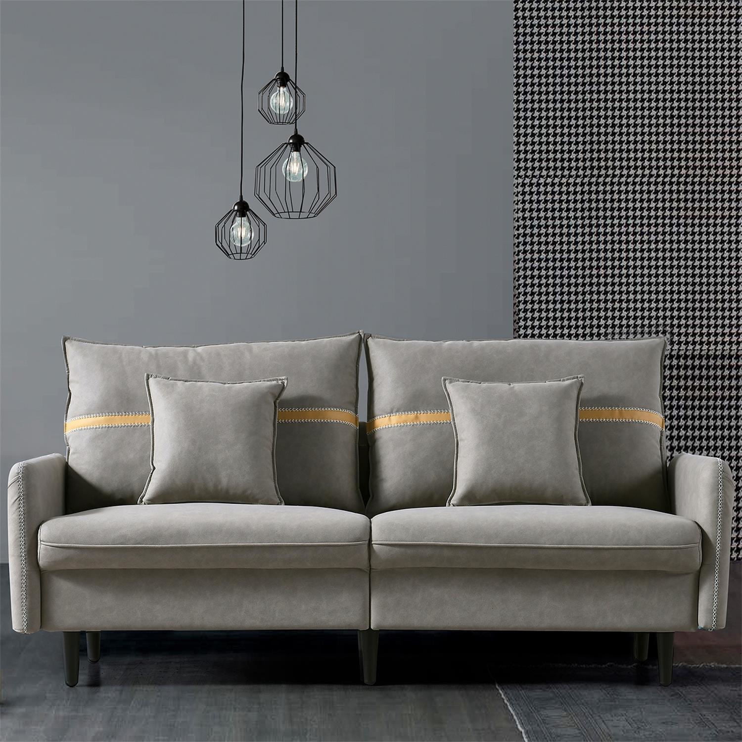 Kadyn Tufted Sofa, Mid-century Modern Couch for Bedroom, 3-seat Upholstered Sofa with 2 Pillows, Gray