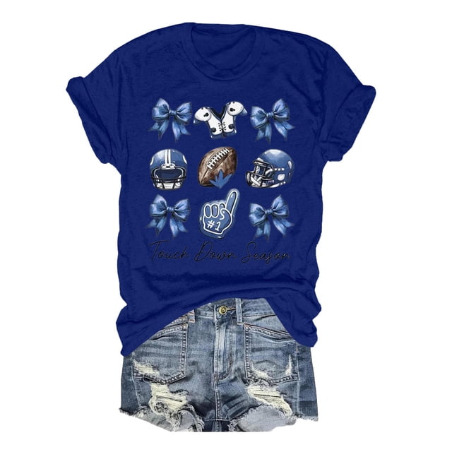 TSADFHJI Chemises pour Femmes Mode T-Shirt Décontracté de Rugby à Col Rond / Coupe Ample Manches Courtes P Bleu
