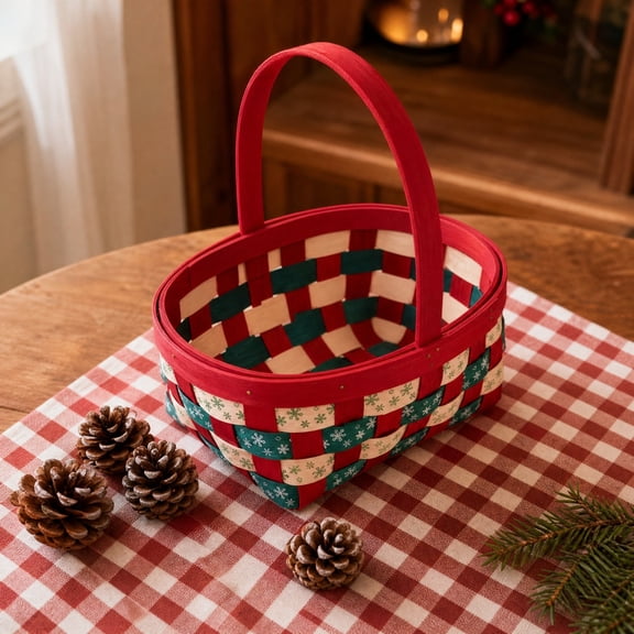 Woven Gift Basket, Wood Storage Tote, Holiday Snack Holder, Natural Wood Weave and Sturdy Carry Handle for Gift Giving, Tabletop Decor, and Party Displays.