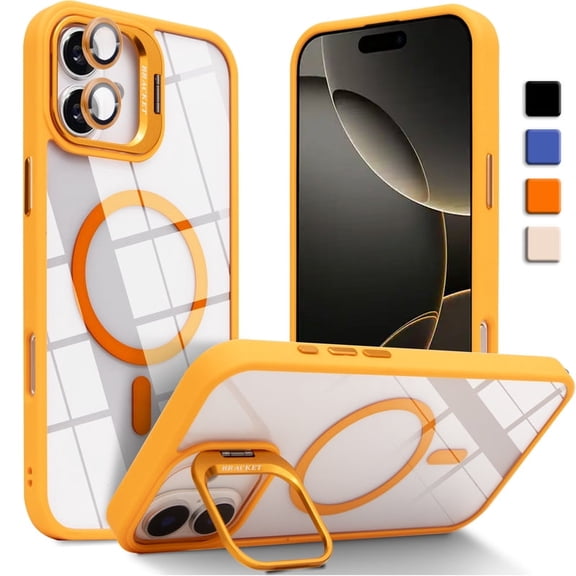 Shockproof Kickstand Heavy Duty Clear Case For Apple iPhone 16 Compatible With MagSafe With Camera Lens Protector Orange
