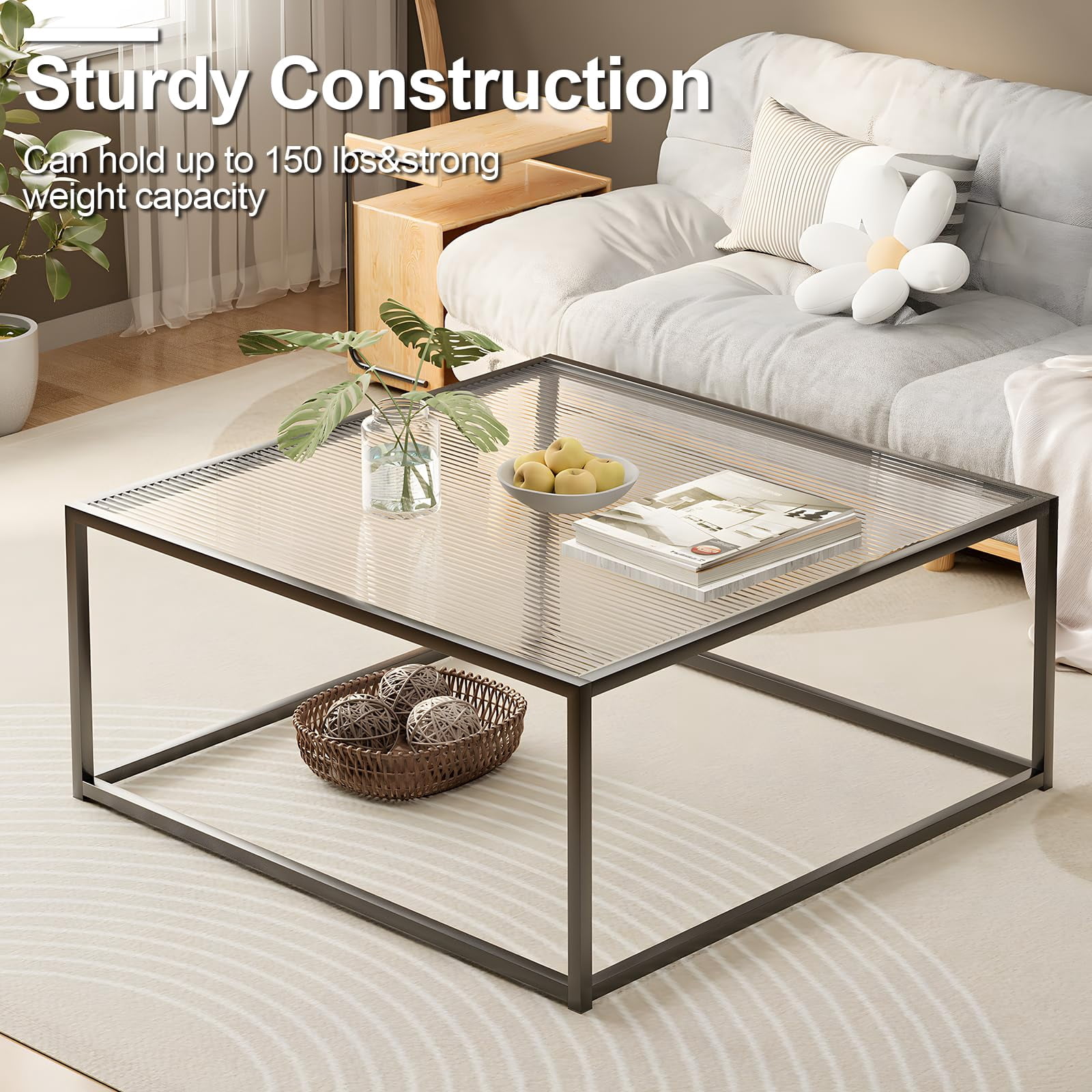 Glass Coffee Table Modern Center Table,Minimalist Coffee Table Sofa Side Tea Table for Living Room,Tempered Glass-top with Sturdy Metal Frame, Easy Assembly,26.4 x 26.4 x 15.7 Inches, Black