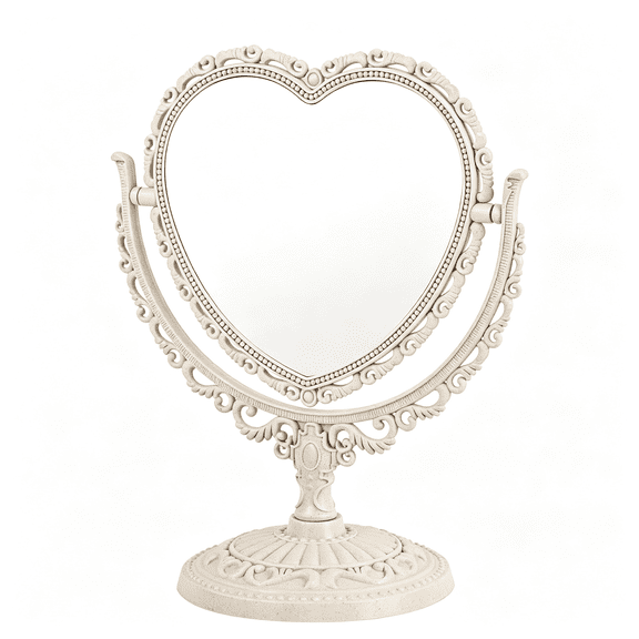 LQSEO Heart Shaped Cute Vanity Princess Mirror for Desk,Double-Sided Rotatable Table with Stand Downtown Girl Room Coquette Decor Aesthetic Coquette Room Decor (Beige)