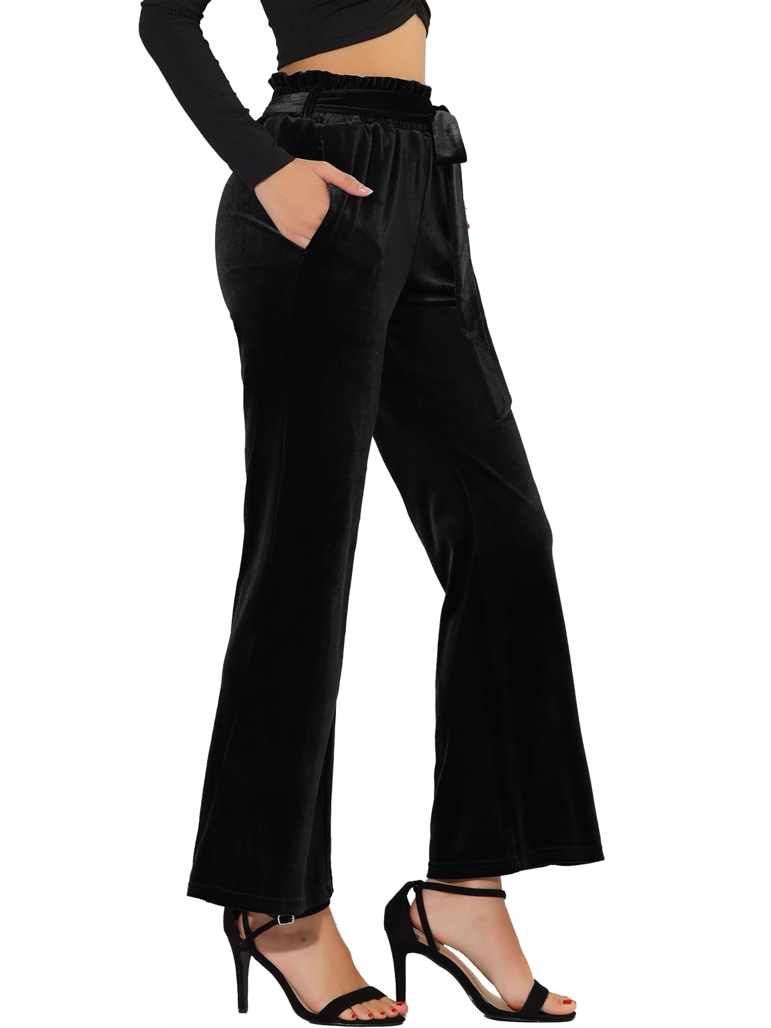 DARING DIVA Women's Velvet Tie Waist Wide Leg Stretchy Pants Trousers XS Black