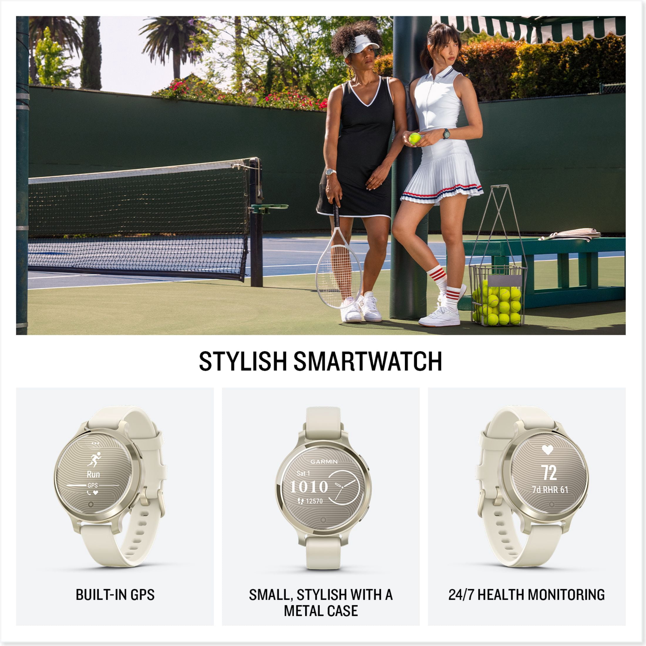 Garmin Lily 2® Active, Small and Stylish Smartwatch, Built-In GPS, Hidden Display, Patterned Lens, Up To 9 Days Battery Life, Lunar Gold with Bone Silicone Band