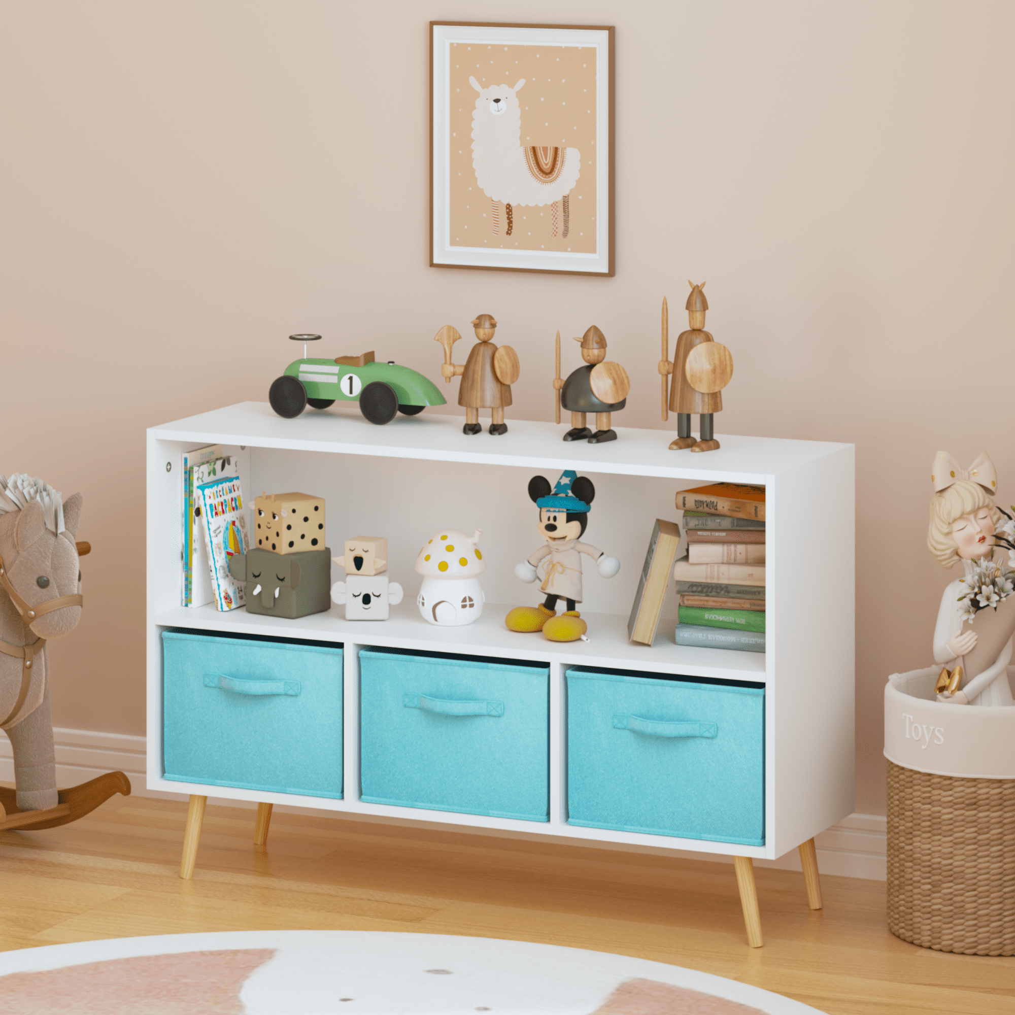 Aukfa Kids Bookcase with 3 Collapsible Drawers, Display Stand Toy Storage Organizer for Bedroom/Playroom,Blue