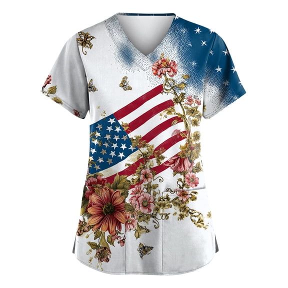 250th Anniversary USA Womens Scrub Tops Loose Short Sleeve American Flag Print Scrub Shirts V Neck Independence Day Celebration Party Scrubs Nursing Workwear Medical Nurse Uniform with Pockets Navy M