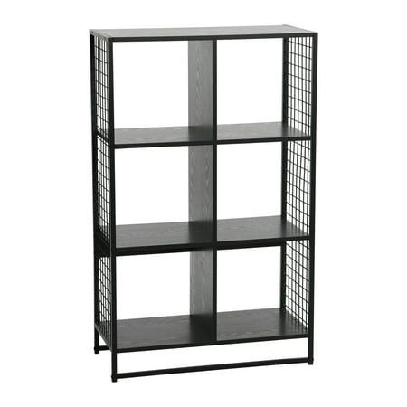 Household Essentials 6 Cube Storage Wall Unit with Wood Grain and Metal Mesh, Black Oak