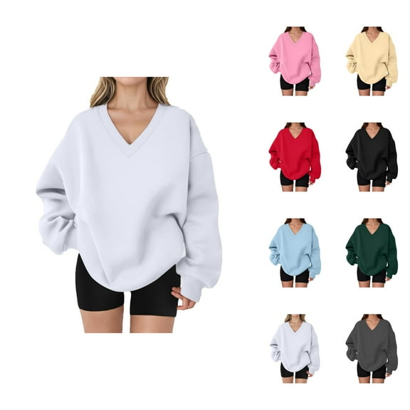 Fall Sweatshirts for Women 2025 Long Sleeve V Neck Cute Oversized Sweatshirt Plain Basic Pullover Tops