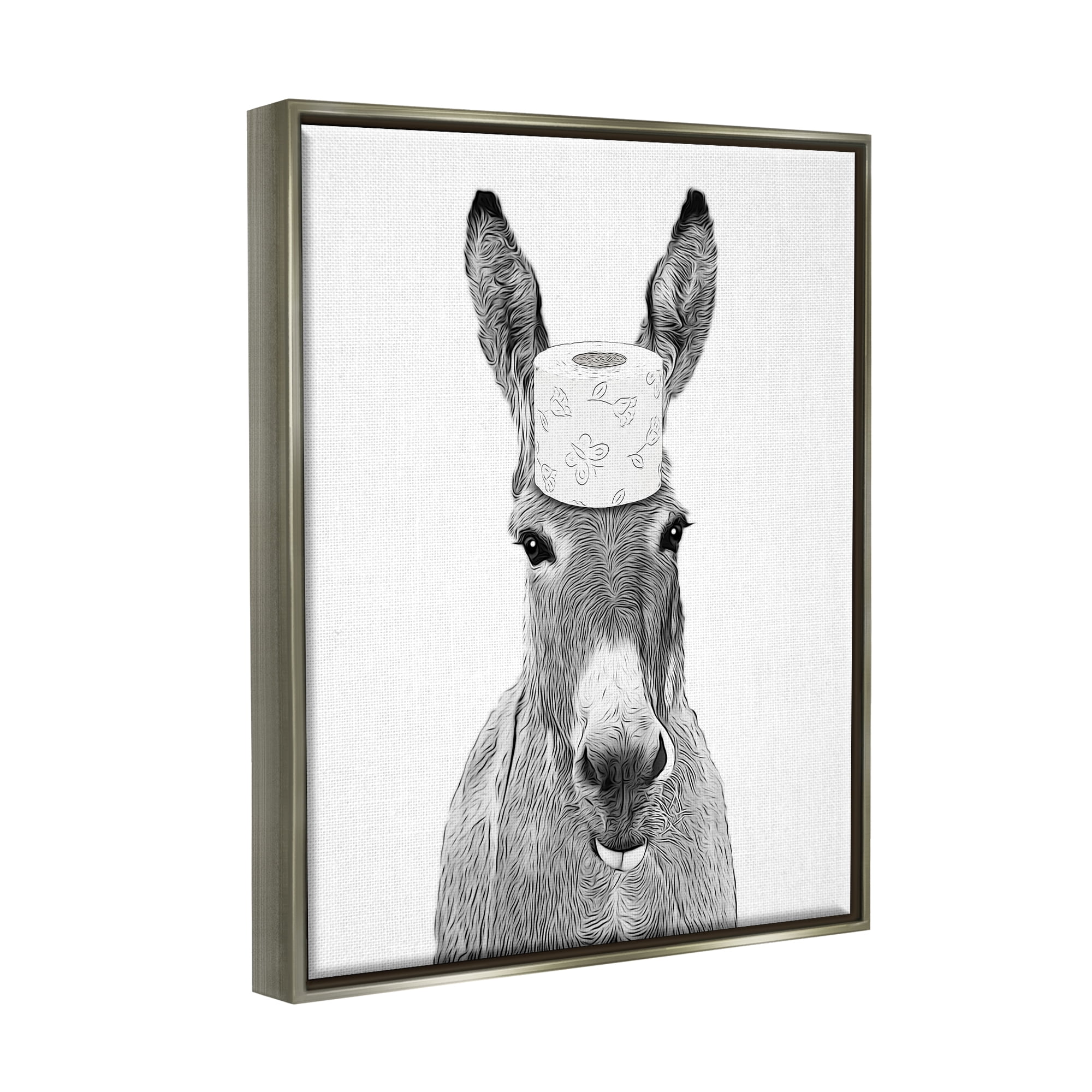 Stupell Industries Donkey Toilet Paper Funny Bathroom Animals & Insects Painting Gray Floater Framed Art Print Wall Art