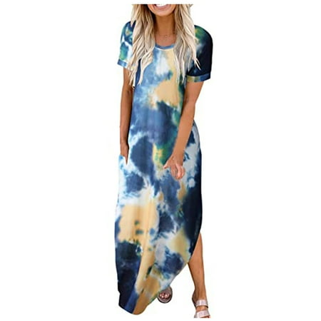 

Red Dresses for Women Summer Dress Women Fashion O-Neck Gradient Printing Short Sleeve Casual Slit Long Dresses Sundresses for Women Valentines Dress Summer Savings Blue XL
