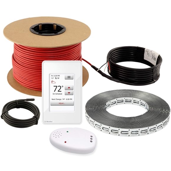 LuxHeat 100sqft Floor Heating Cable Kit - 120v Infloor Heating System - Heated Flooring System Includes UWG4 WiFi Programmable Thermostat w/GFCI, Floor Heat Cable, Strapping, Flooring Sensor & Alarm