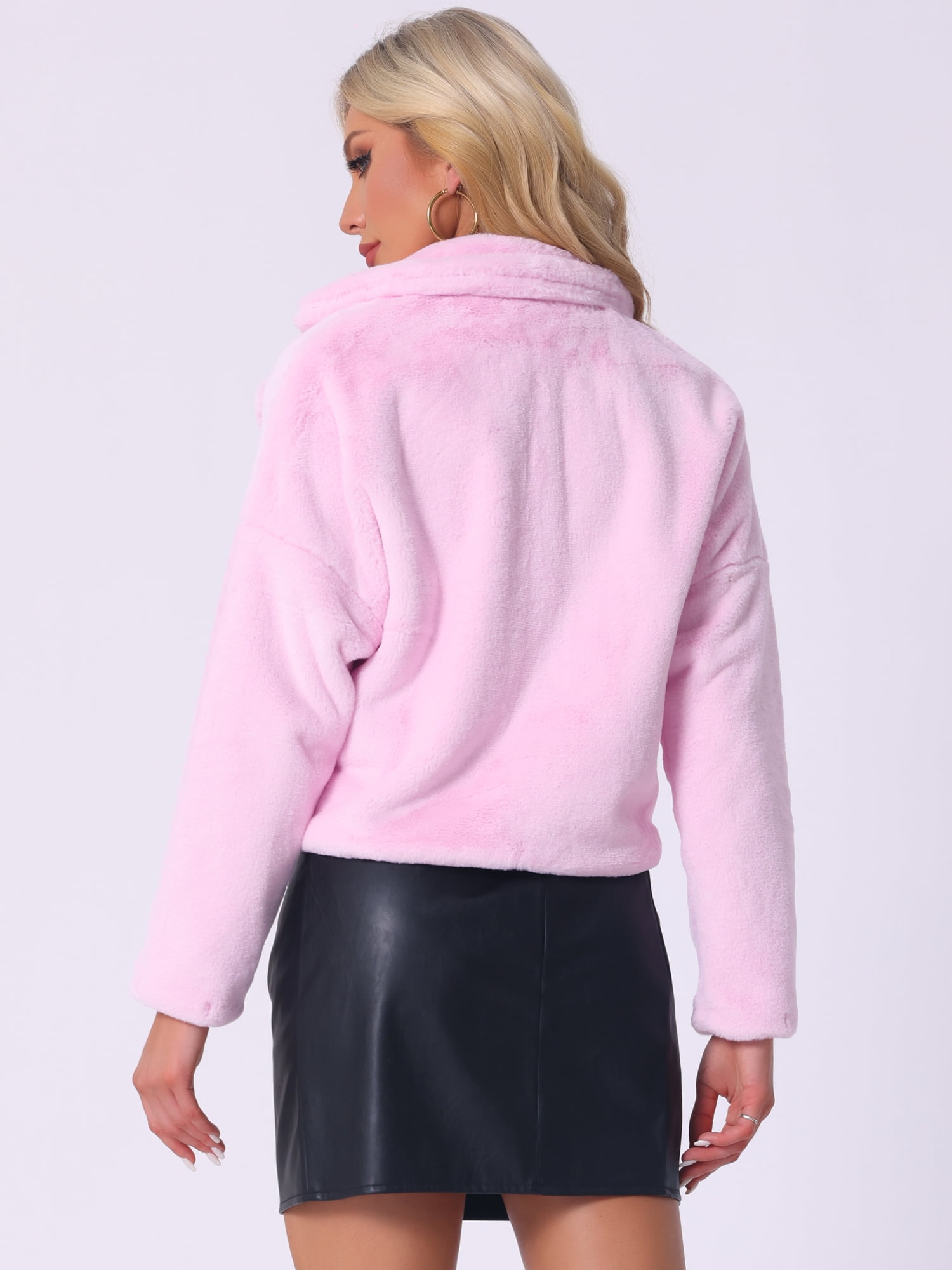 DARING DIVA Women's Cropped Jacket Notch Lapel Faux Fur Fluffy Coat XL Light Pink