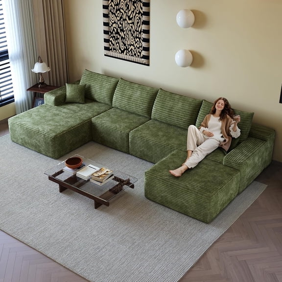 135.4-in Modular Cloud Sofa Set - Soft Corduroy Bone-Free Sofa with Left Chaise, Removable Footstool, and Pillows, Four-Seater Living Room Sofa