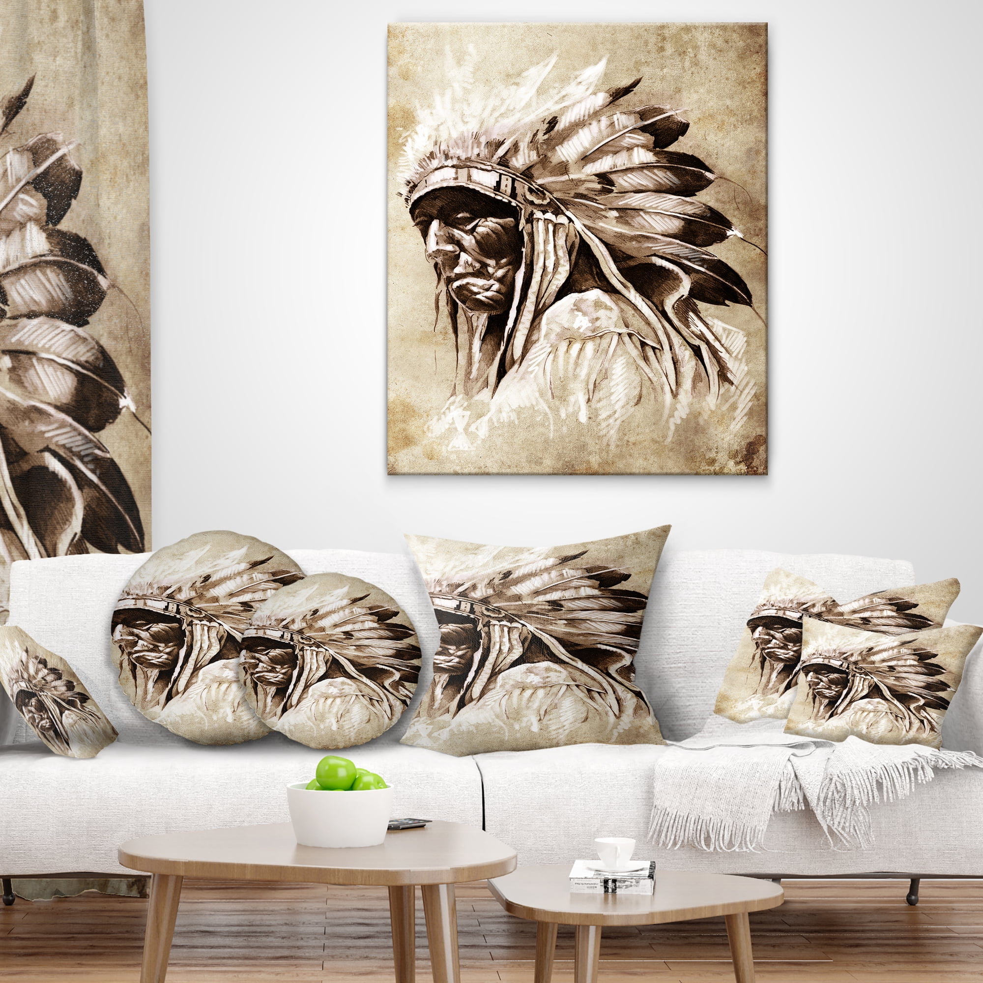 Designart Vintage Style Indian Head Tattoo - Abstract Throw Pillow - 12x20