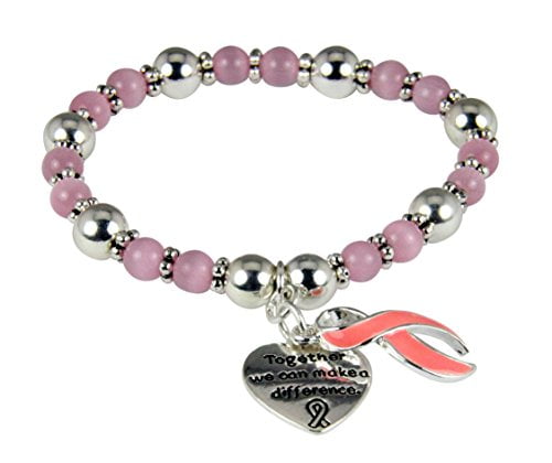 Breast Cancer Awareness Pink Ribbon Charm Bracelet Beaded Love Ribbon SILVER