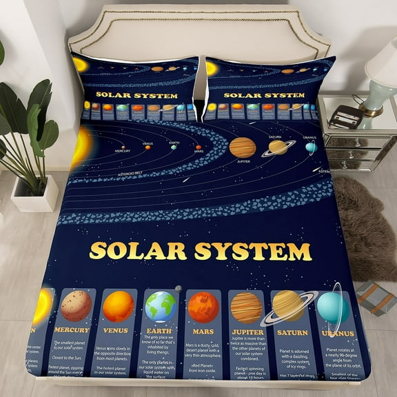 Solar System Bed Sheets Twin Universe Themed Bedroom Decor Fitted Sheet,Outer Space Bed Set for Teens Blue Space Galaxy Starry Sky Bedding Set Planet Print Bedding