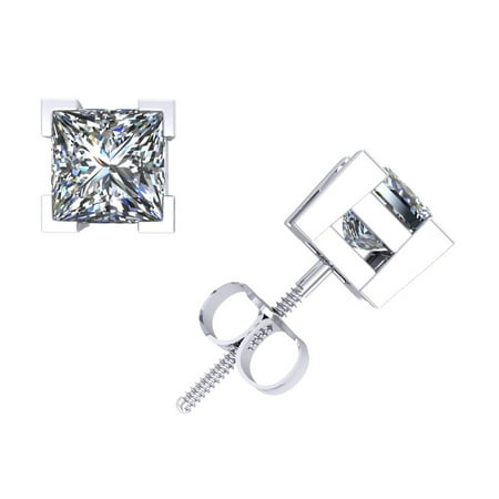 - 1.25Ct Princess Diamond Basket Stud Earrings 14k White Gold V-Prong Set F VS2