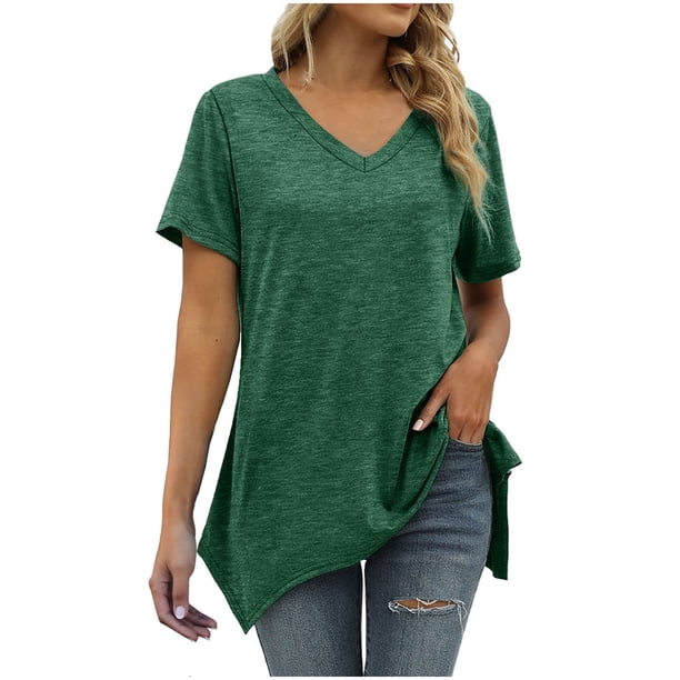 Mujeres sueltas casual manga corta cuello pico sólido casual blusa camiseta túnica tops Fridja bn7780