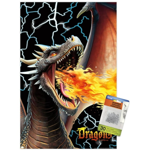 PD Moreno - Dragon Lightning Wall Poster with Push Pins, 14.725" x 22.375"