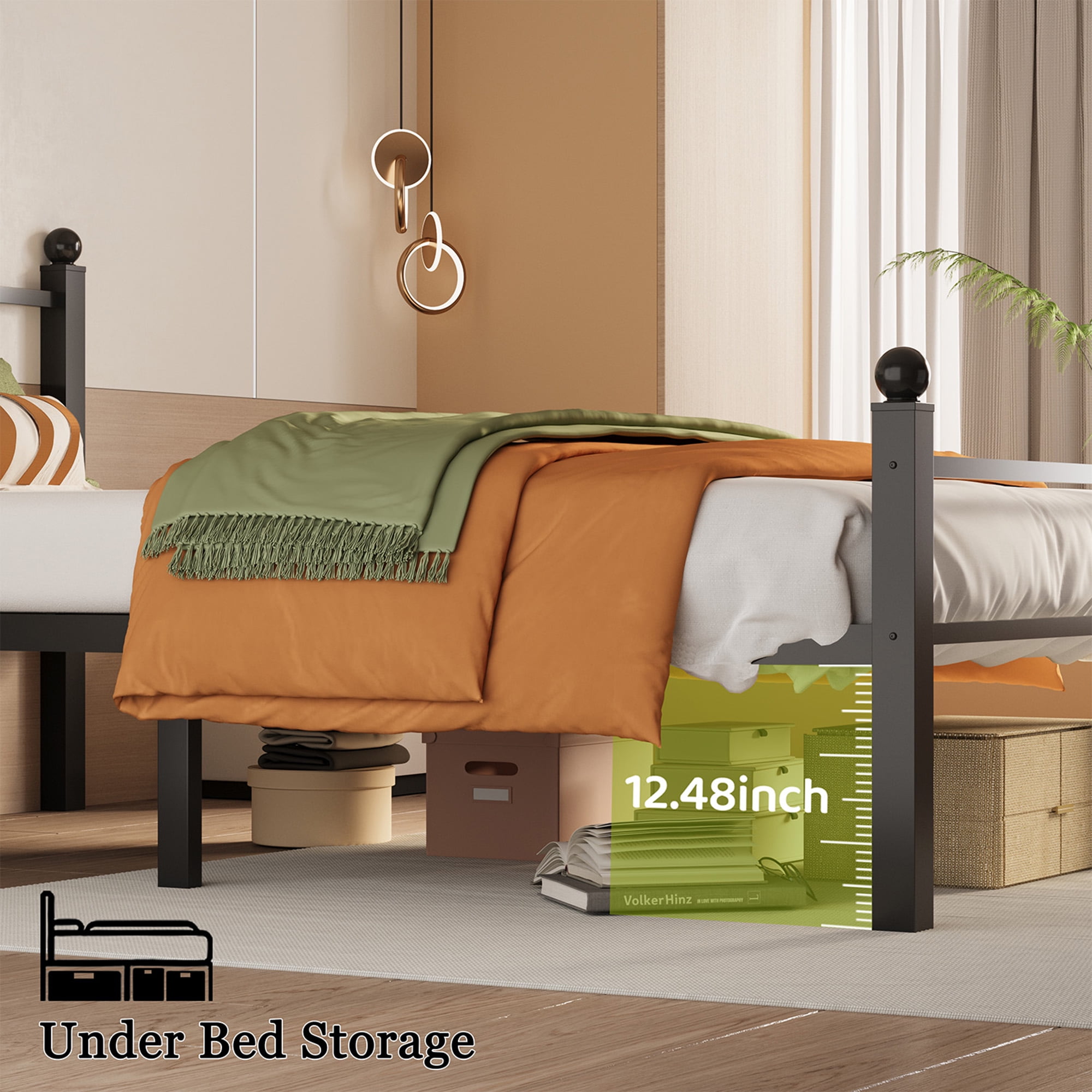 S.Tcak Metal Twin Size Bed Frame with Headboard, Heavy Duty, 12in Under Bed Storage, Easy Assembly, Black