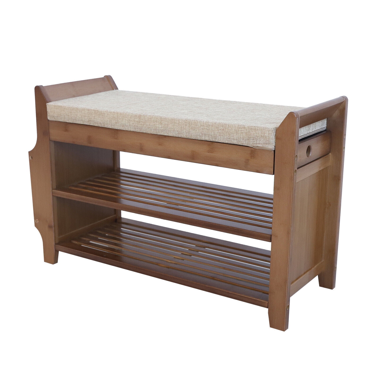 2 in 1 Bamboo Shoe Rack 2-Tier Bench w/ Removable Cushion Home Entryway Organizer Shelf