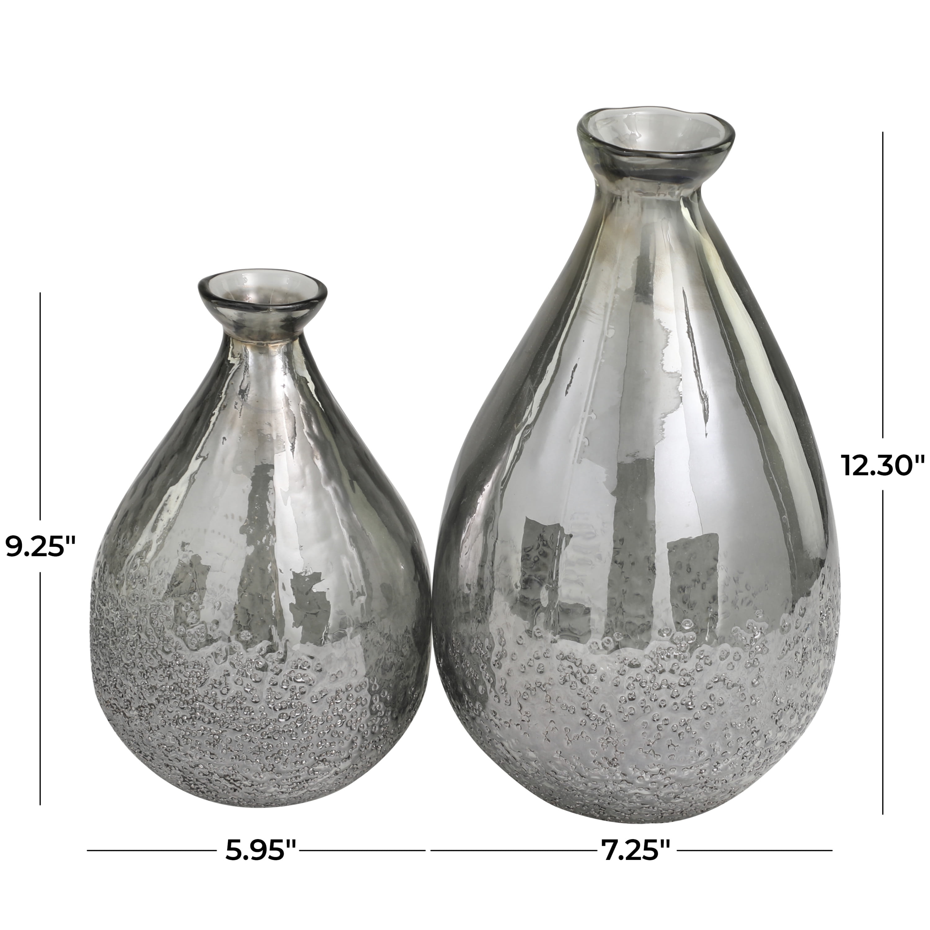 DecMode 12", 9"H Textured Teardrop Gray Glass Vase, Set of 2