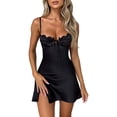 thumbnail image 3 of Wassery Women Sexy Bodycon Mini Dress Skinny Spaghetti Strap Lace Low Cut Backless Lace Trim Tie Up Dress Party Clubwear, 3 of 4