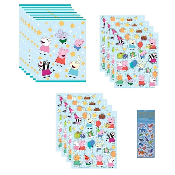 Peppa Pig Bithday Party Supplies Favor Bundle Pack includes 8 Plastic Loot Bags, 8 Sticker Sheets, 1 Dinosaur Sticker Sheet