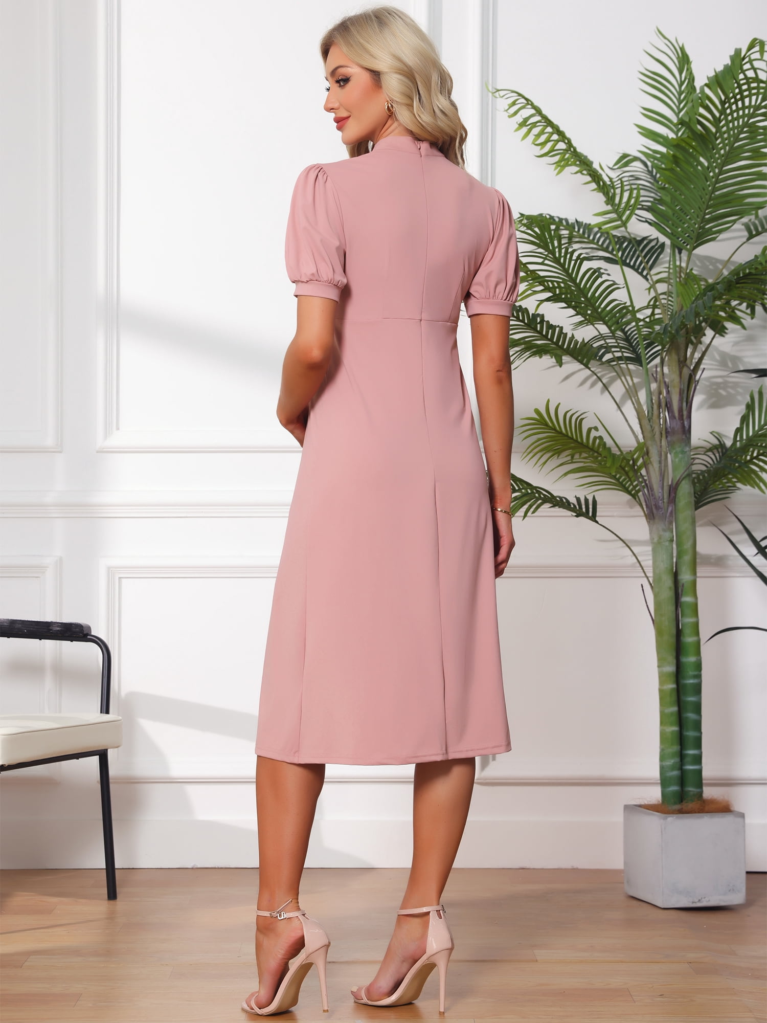 DARING DIVA Women's Maternity Mock Neck Puff Sleeve A-Line Work Dress M Pink