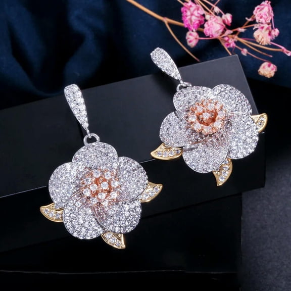Art Deco 3 Tones Gold CZ Women Big Geometric Flower Dangle Earrings Luxury Gift