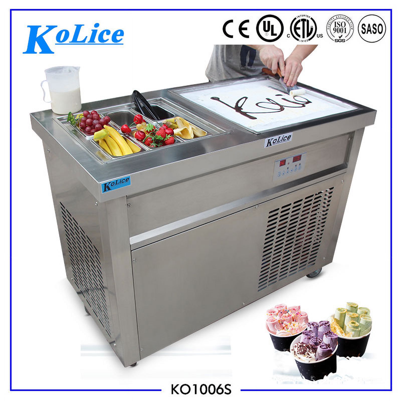 Kolice Commecial Single Square pan + 6 Pre-Cooling Buckets Roll Ice Cream Machine Fried Ice Cream Maker