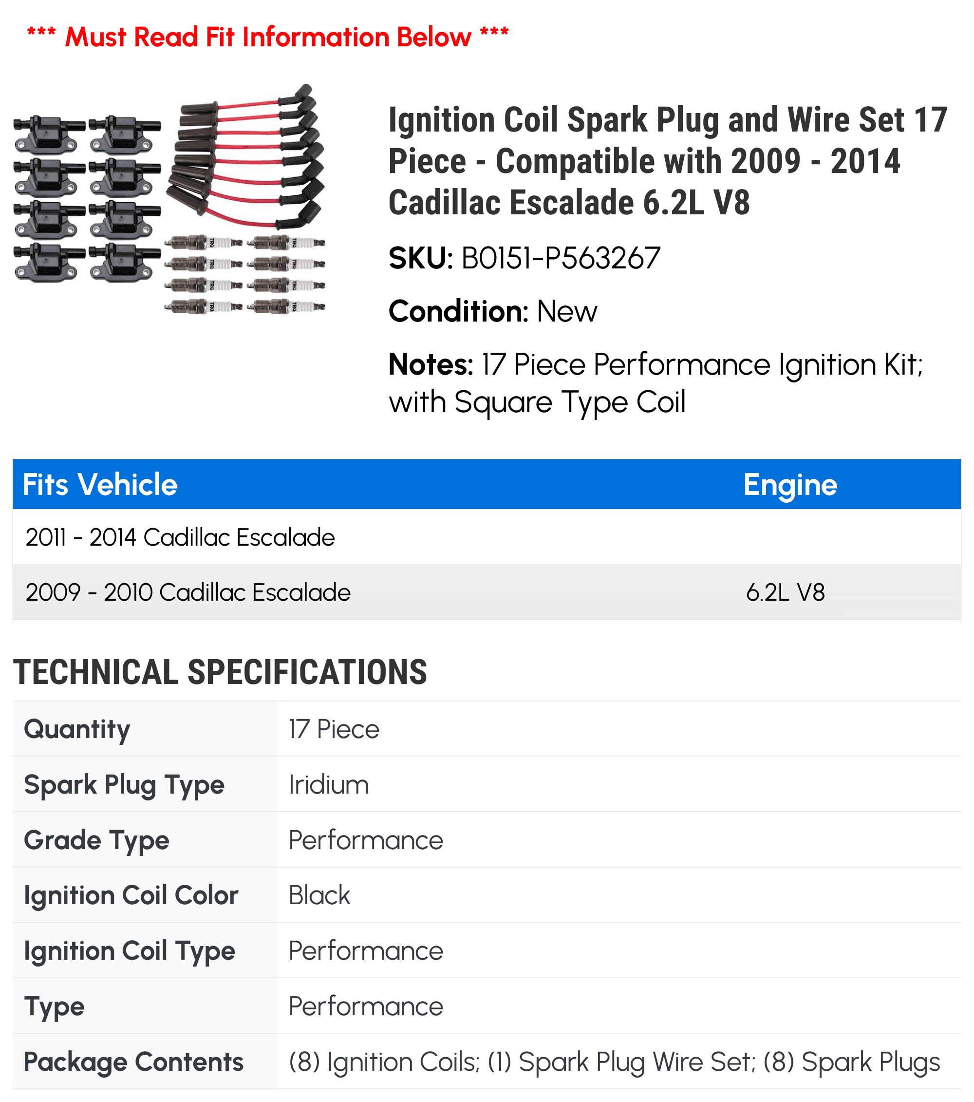 Ignition Coil Spark Plug and Wire Set 17 Piece - Compatible with 2009 - 2014 Cadillac Escalade 6.2L V8 2010 2011 2012 2013