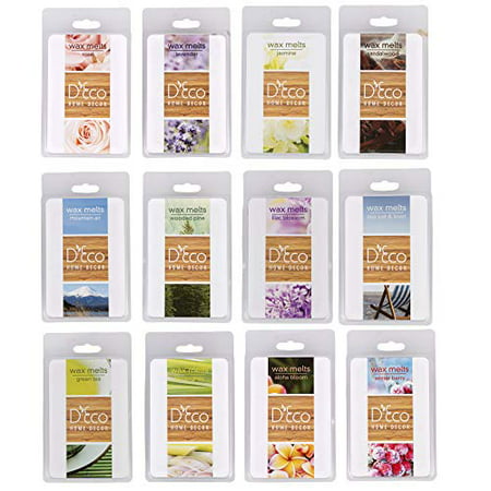 Scented Wax Melts -Set of 12 Assored Wax Cubes/ Tarts , 2.5 oz each, Rose, Lavender, Jasmine, Wooded Pine, Sea Salt & Linen, Mountain Air, Lilac, Sandal Wood, Green Tea, Lemongrass, Aloha Bloom,