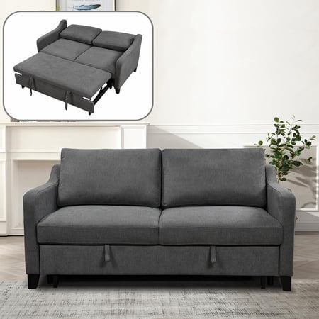 Magik Queen Size Sofa Bed, 3 in 1 Convertible Sleeper Couch with Pull Out Bed and Backrest Pillows, Linen Loveseat Couch for Living Room Apartment, Dark Gray
