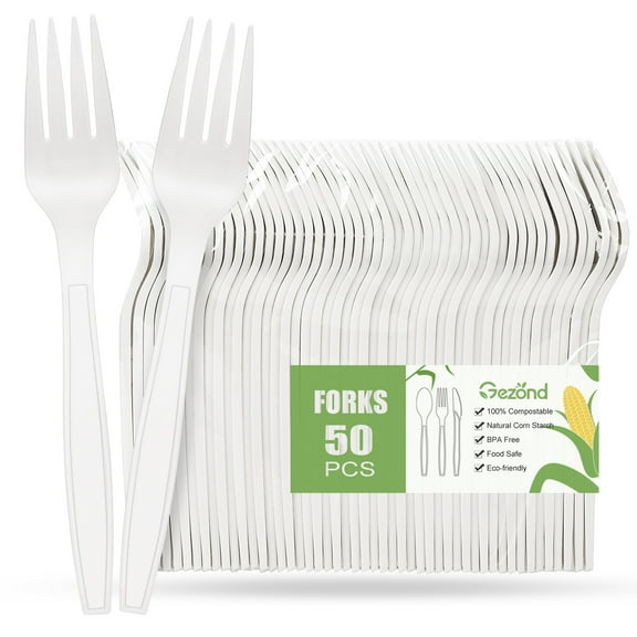 Gezond Compostable Forks 50 Count White Heavy-Duty Forks Disposable Cutlery Set Biodegradable Utensils for Party Supply