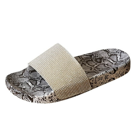 

Youmylove Snakeskin Rhinestone Flat Bottom Straight Line Women Slippers Anti-Skid Casual Sandals Comfort Cozy Leisure Daily Walking