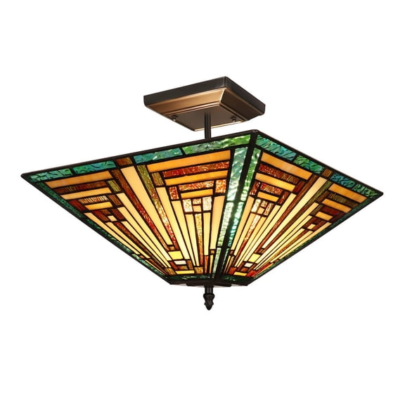 CHLOE Lighting FIRMAN Tiffany-Style 2-Light Mission Semi-Flush Ceiling Fixture 14" Shade