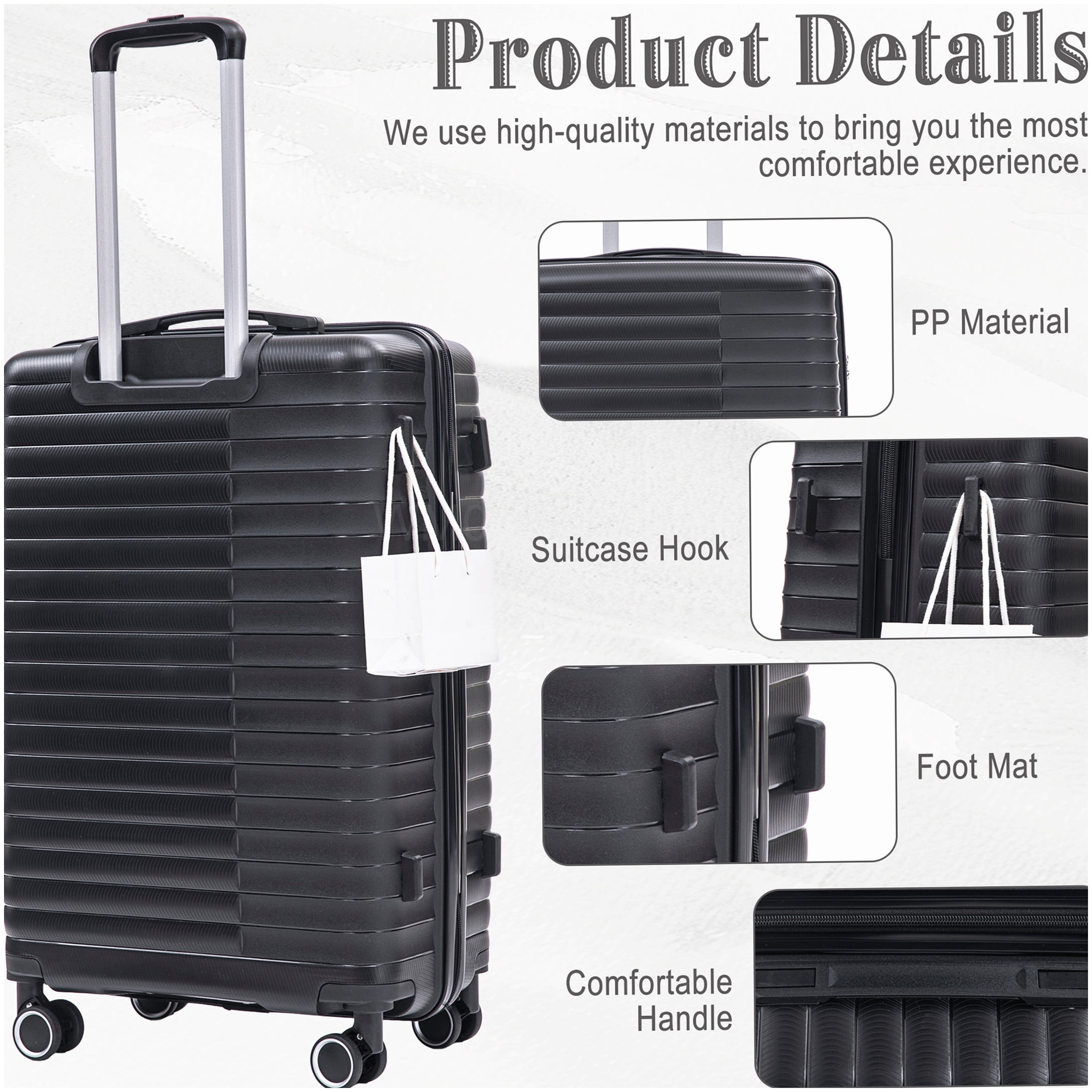MANGIJOY Polypropylene Spinner Luggage 4-Piece Set, Black Carry-On and Checked Suitcases with Combination Lock and Silent Wheels