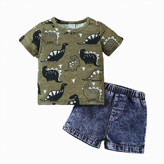 newwalpole Toddler Baby Boy Clothes Summer Short Sleeve Trucks Tractors Print T-Shirt Tops Solid Color Shorts Set Casual Outfit (Army Green,9-12 Months)