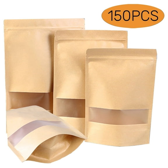Stand up Pouches Kraft Paper Bags with Window Sealable Resealable Zip Lock Food Storage Bags for Packing 150 Pcs Brown