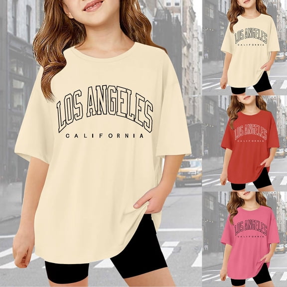 LRen Toddler Shirts Girls 3t Girls Letter Graphic Print Round Neck Short Sleeve Cotton Shirts Kids Everyday Loose Fit Summer Funny Clothes