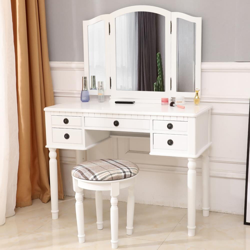 Makeup Vanity Jewelry Dressing Table Set Tri-Folding Mirror Stool Desk w/ Drawer 